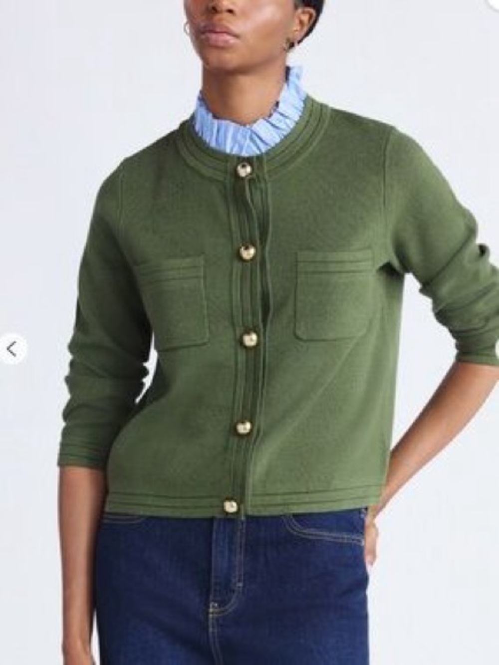 Women’s Olive Green Button-Front Cardigan with Ruffle Trim